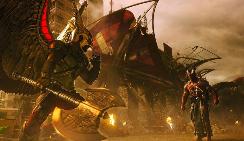 A man with a sword and an angel standing in front of a city.