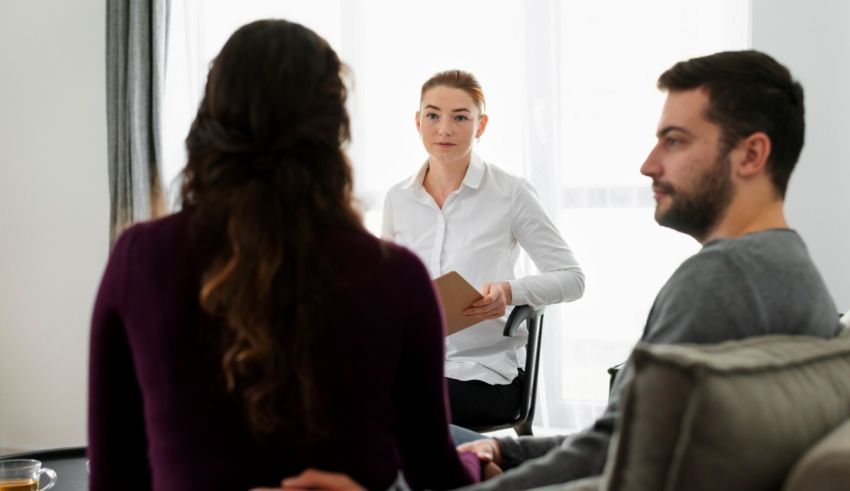 A man and woman sitting on a couch talking to a therapist.