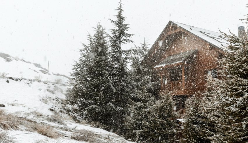 A cabin in the snow with trees in the background.