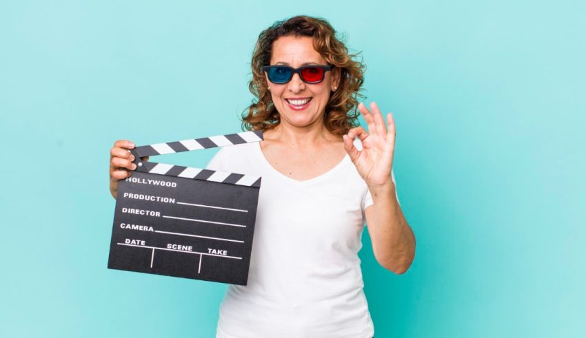 A woman wearing 3d glasses holding a clapper board.