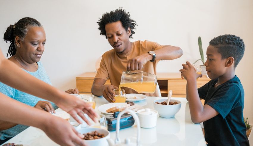 A family eats breakfast together at home.