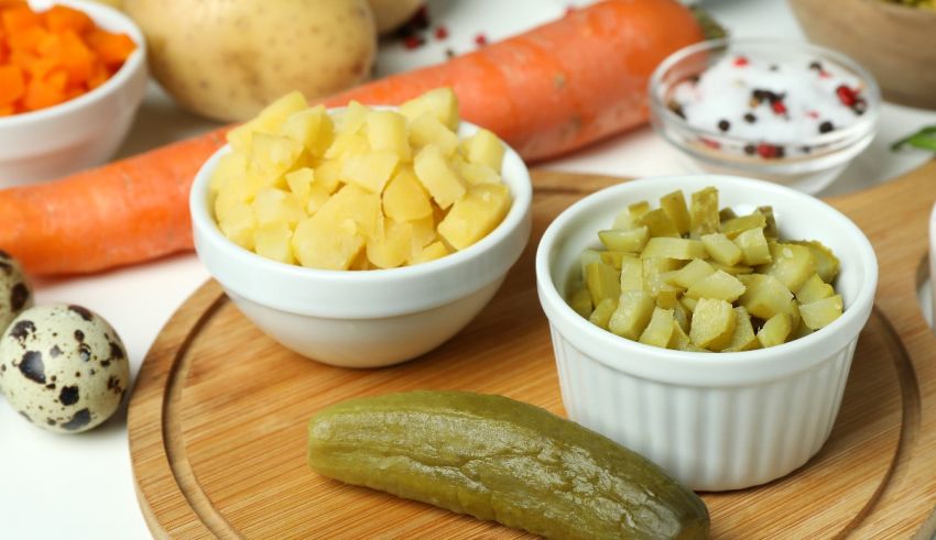 Pickles, carrots, eggs and other vegetables on a wooden cutting board.