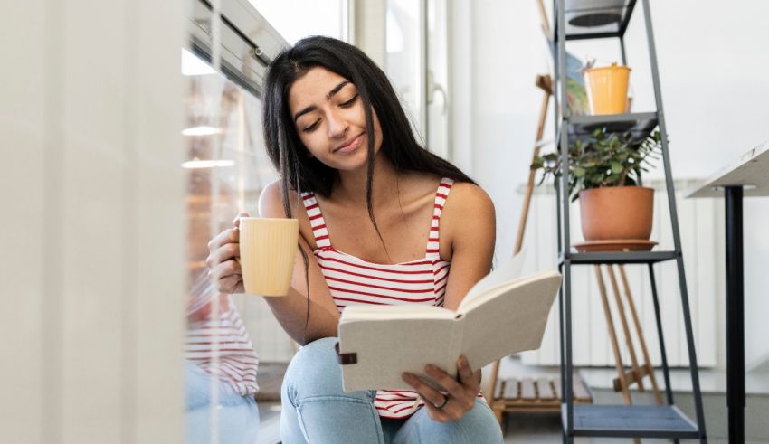 A young woman reading a book while sitting on the floor.