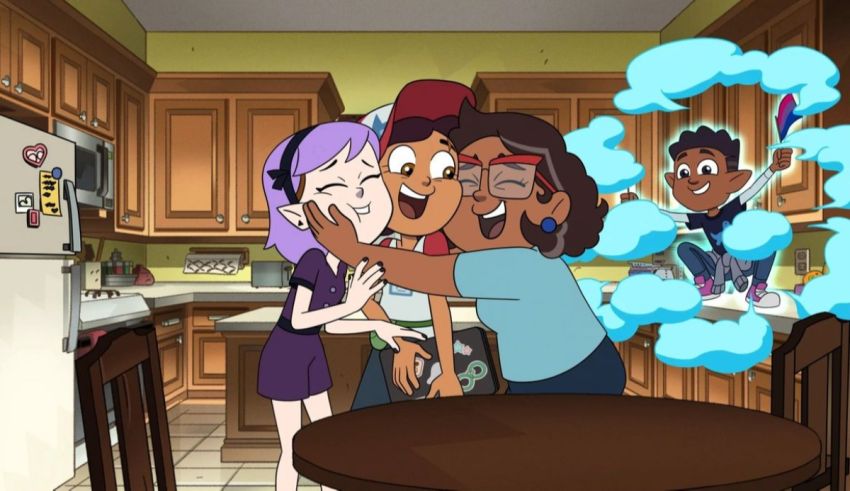 A group of cartoon characters hugging in a kitchen.