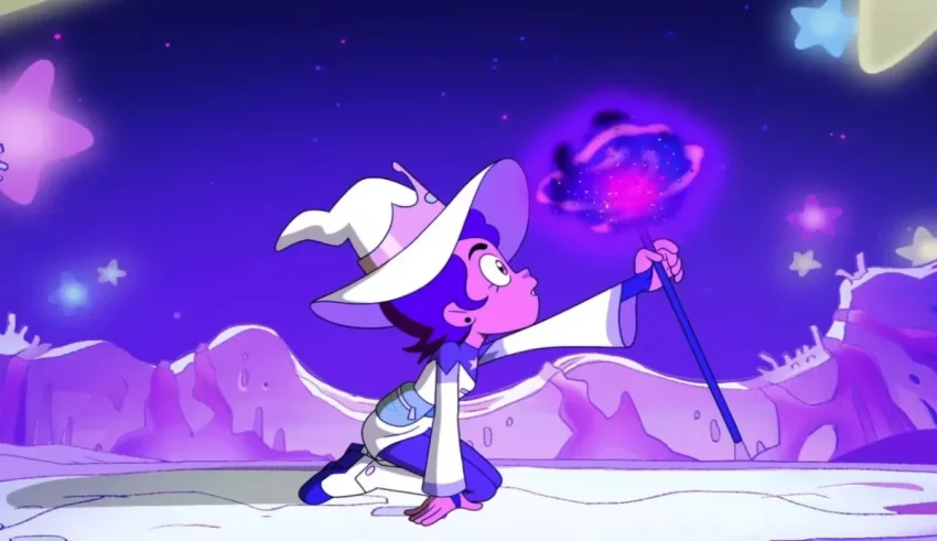 A girl is holding a wand in front of a starry sky.