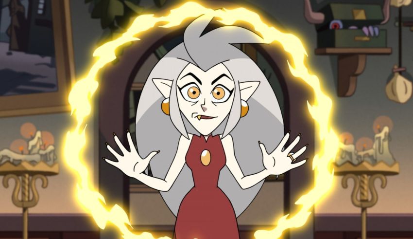 A cartoon character in a red dress with a ring of light around her.