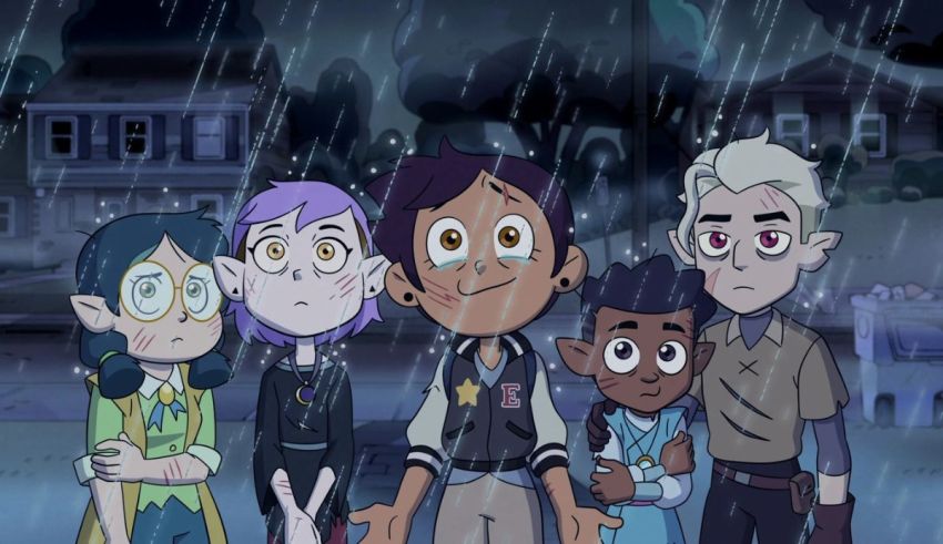 A group of cartoon characters standing in the rain.