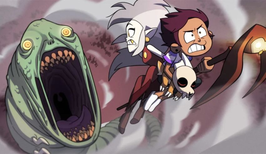 A cartoon character riding a dragon with a monster in the background.