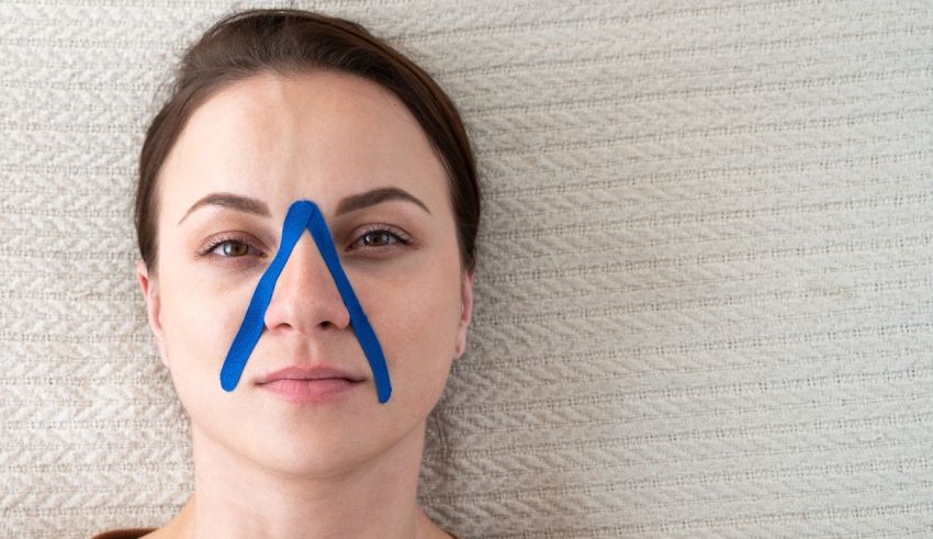 A woman with blue tape on her nose.