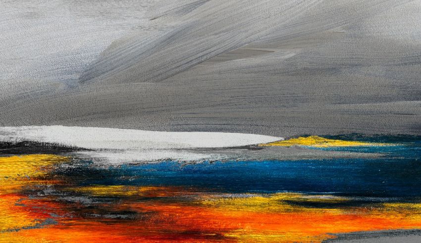 An abstract painting of a blue sky with orange and yellow.