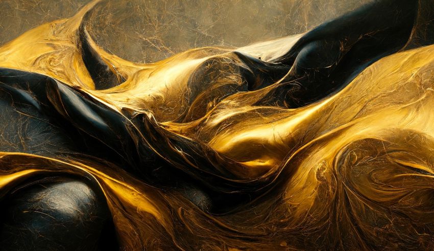 An abstract painting of gold and black.