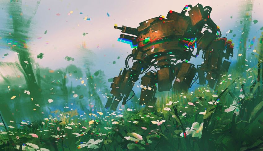 A painting of a robot in a field of flowers.