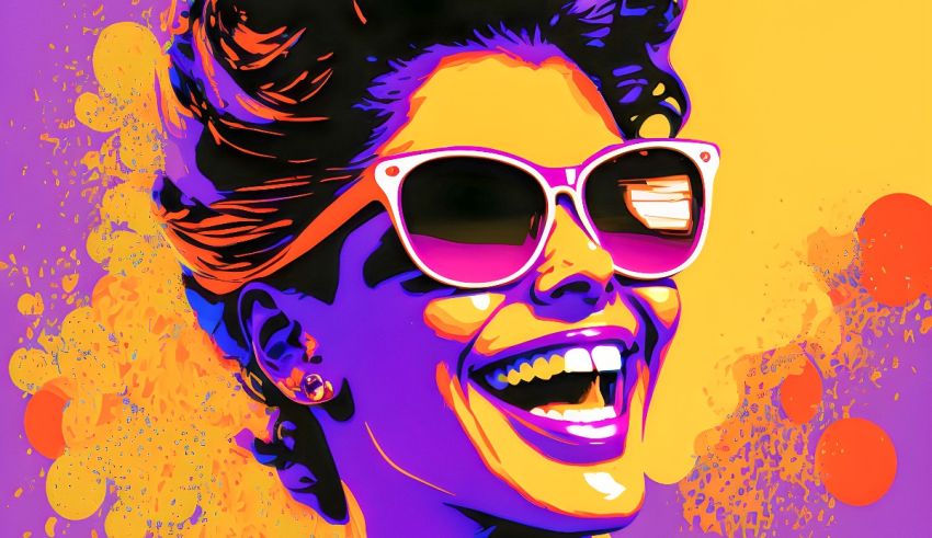 An image of a woman wearing sunglasses on a colorful background.