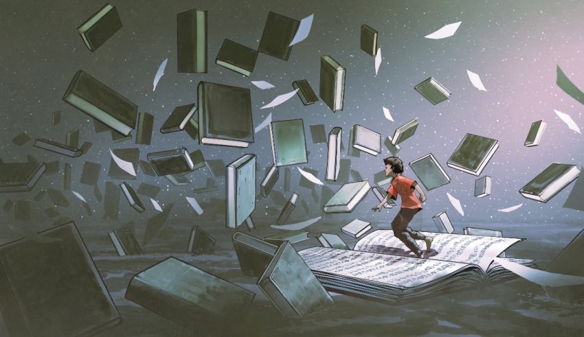 An illustration of a person running through a field of books.