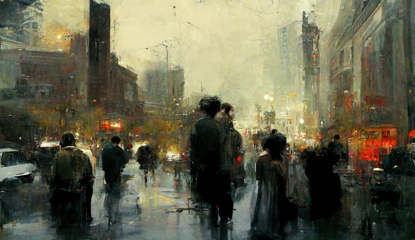 A painting of people walking down a city street.