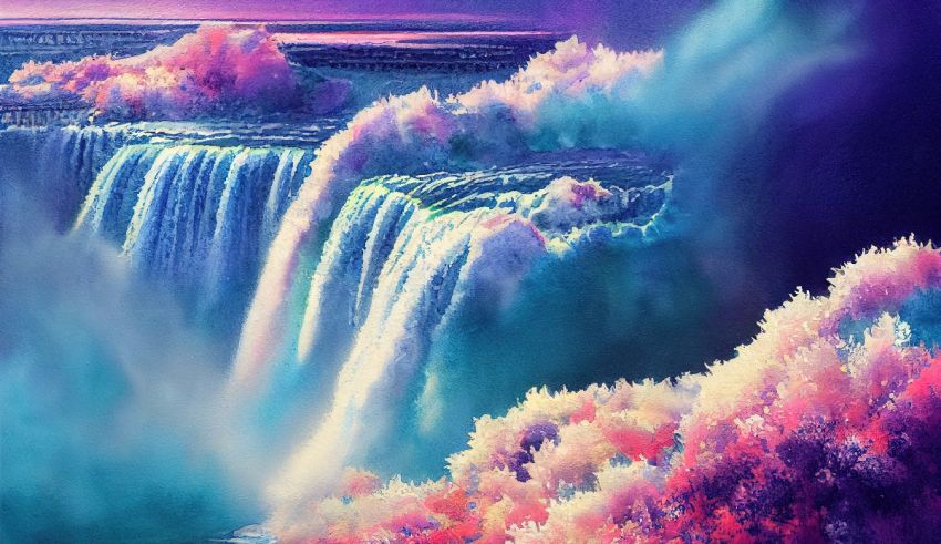 A painting of the niagara falls in purple and pink.