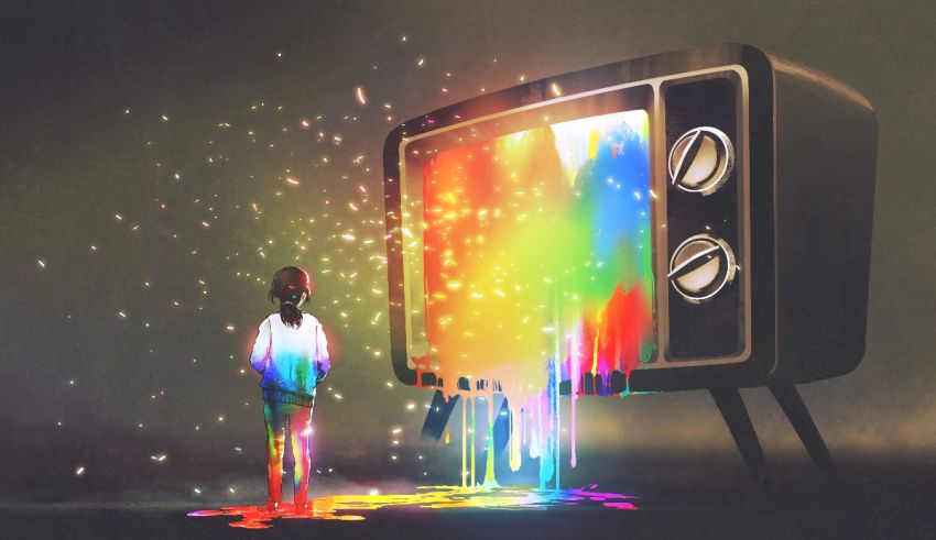 A person standing in front of an old tv with colorful paint on it.