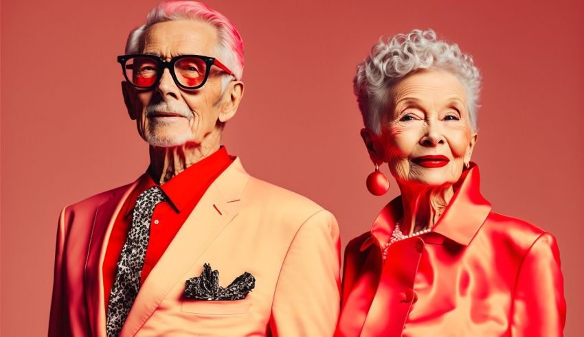 An older man and woman in a pink suit posing in front of a red background.