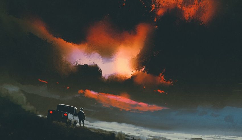 A painting of a person standing on a hill next to a fire.