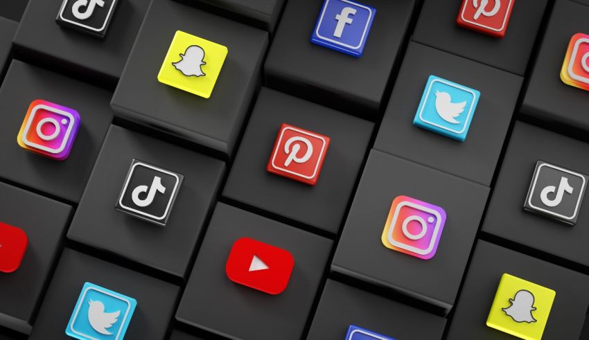 Social media icons on a black background.