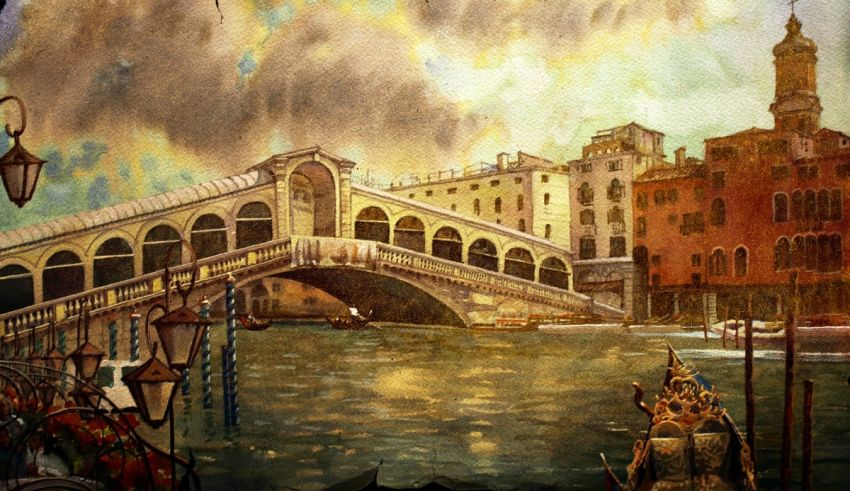 A watercolor painting of the rialto bridge in venice.