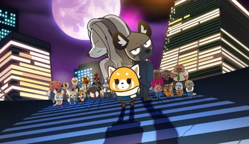 A group of cartoon characters standing on a street at night.