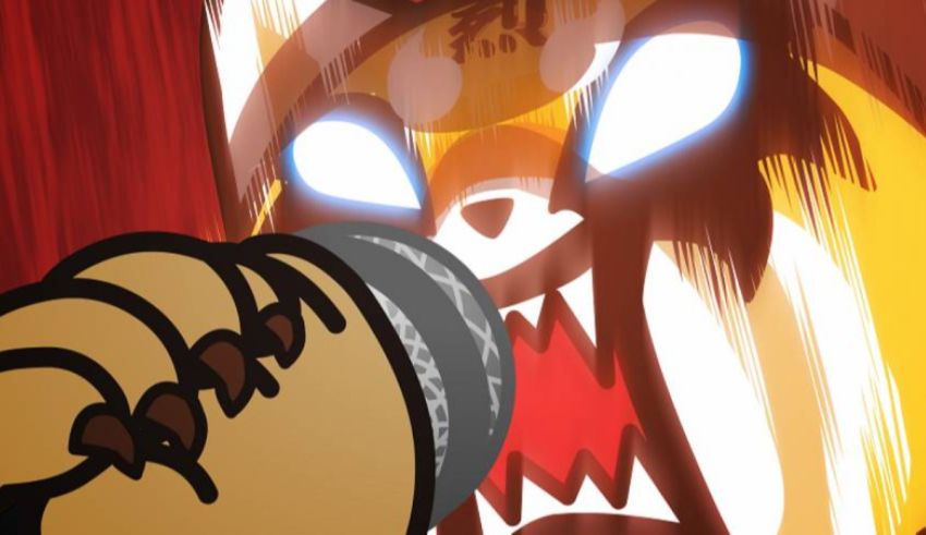 A cartoon character is holding a microphone.