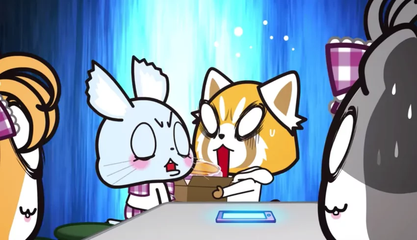 A group of cartoon animals sitting at a table.