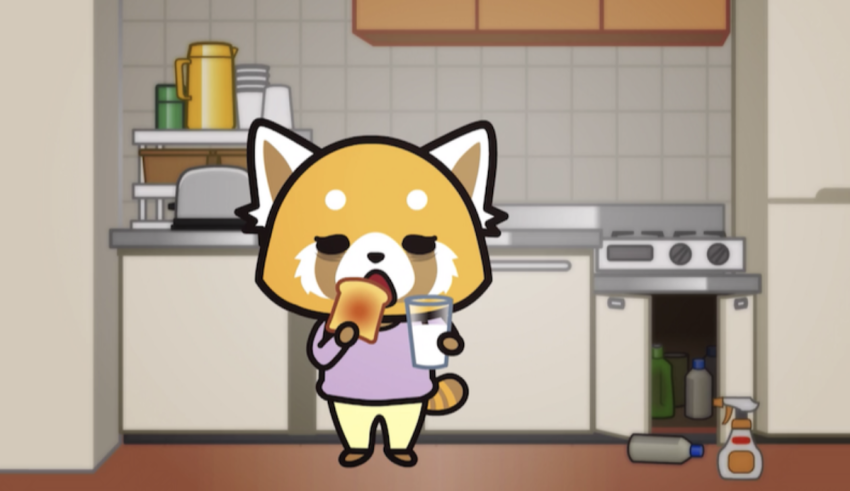 A cartoon dog is standing in a kitchen.
