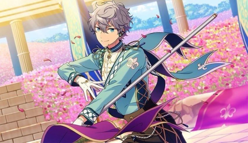 An anime character holding a sword in front of flowers.