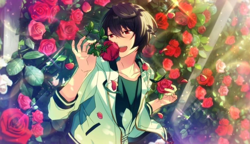 A girl is holding a rose in front of a bunch of roses.