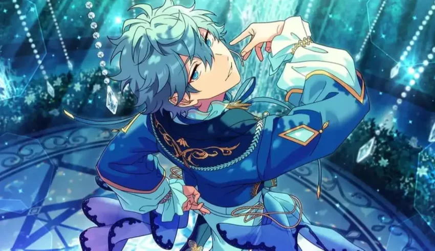 An anime character in a blue outfit with blue hair.