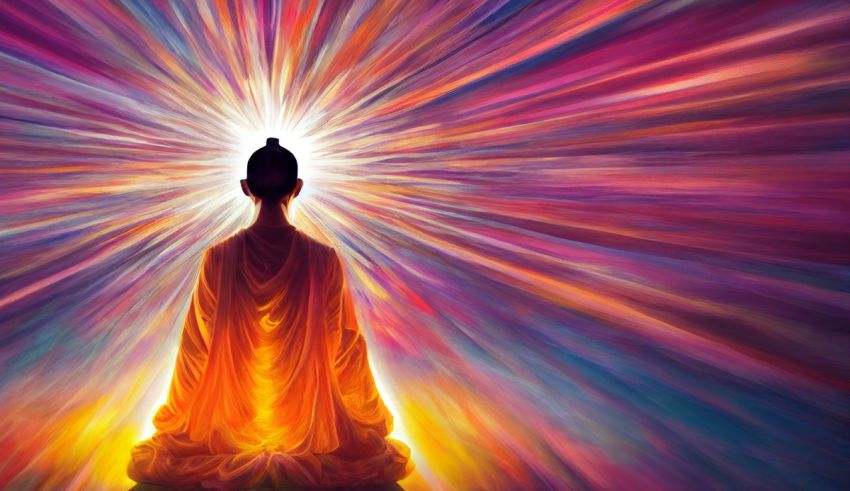 A buddha sitting in front of a bright light.
