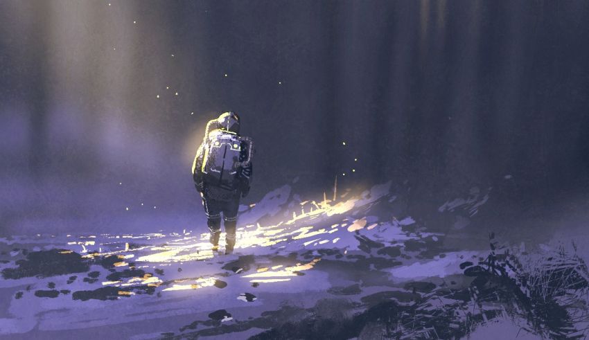 An illustration of a person walking through a dark forest.