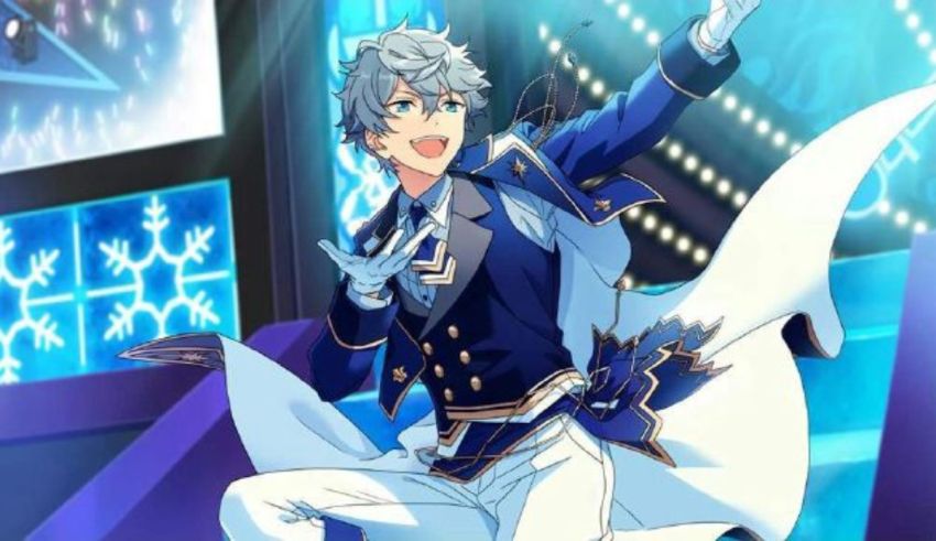 A character in a blue suit is holding his arms up in the air.