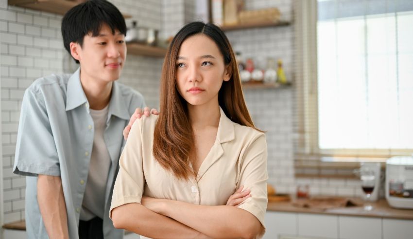 A young asian man and woman standing in the kitchen.