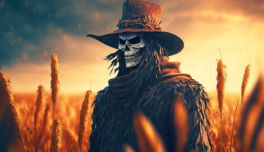 A skeleton in a hat standing in a field of wheat.
