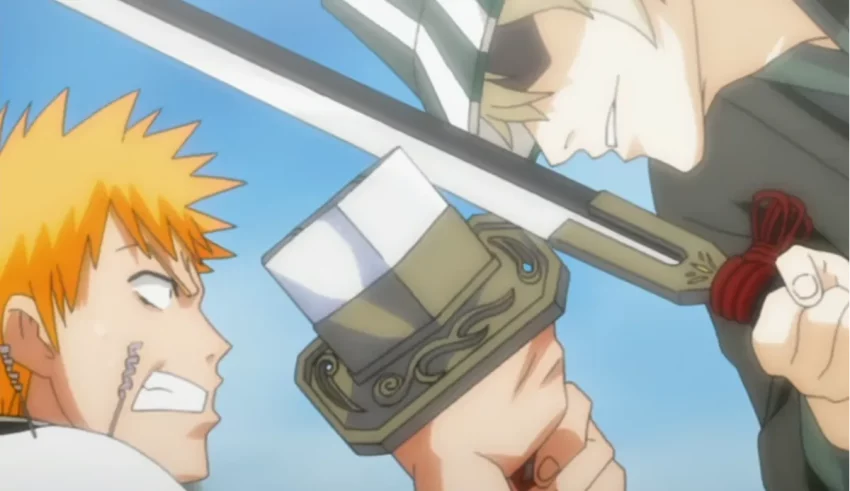 Two anime characters fighting each other with swords.