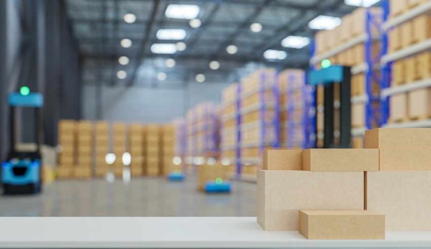 A warehouse with boxes on a table and a robot in the background.