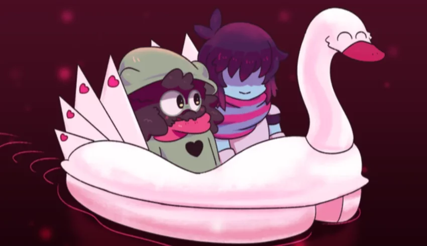 Two cartoon characters riding on a swan boat.