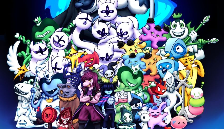 A group of cartoon characters surrounded by a dark background.