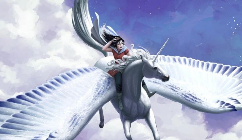 A girl riding a white unicorn in the sky.