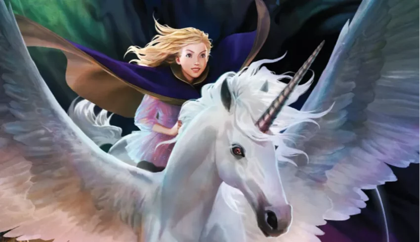 An image of a girl riding a white unicorn.