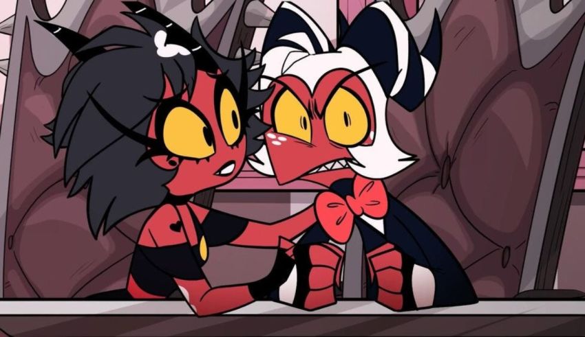 A cartoon of two devils kissing each other.