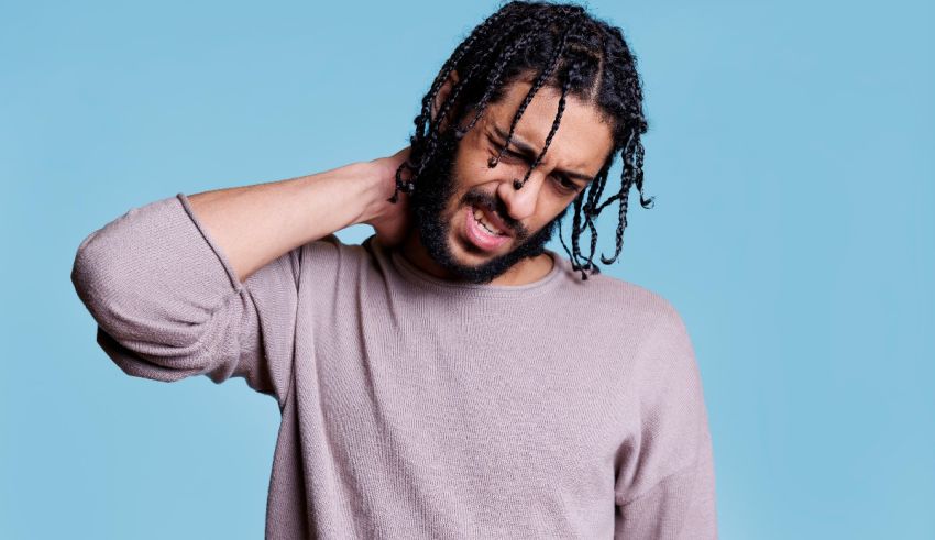 A man with dreadlocks is holding his head in pain.