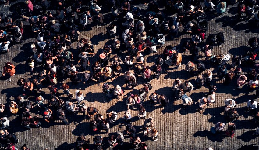 An aerial view of a crowd of people.