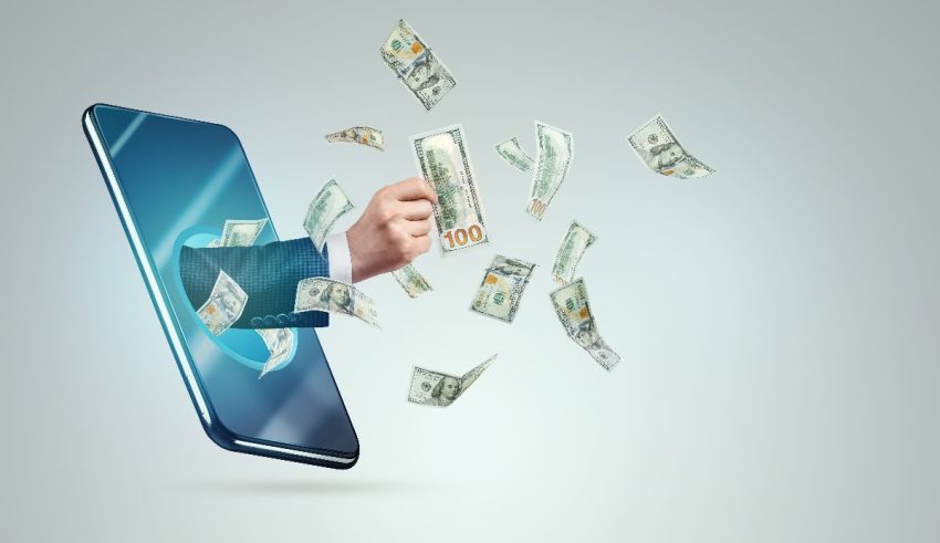A hand is throwing money out of a smart phone.