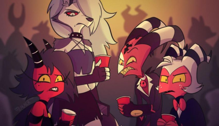 A group of demons and devils are holding drinks.