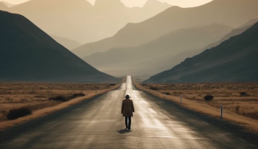 A man walking down an empty road in the mountains.