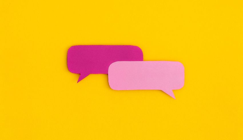 Two pink and pink speech bubbles on a yellow background.